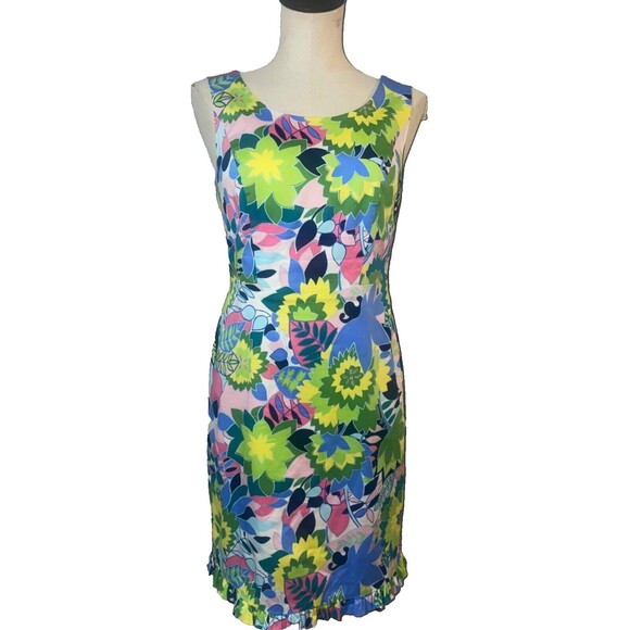 Talbots Stretch Cotton Floral Sheath Dress size 2 Scoop Neck Ruffle Hem - Picture 1 of 9